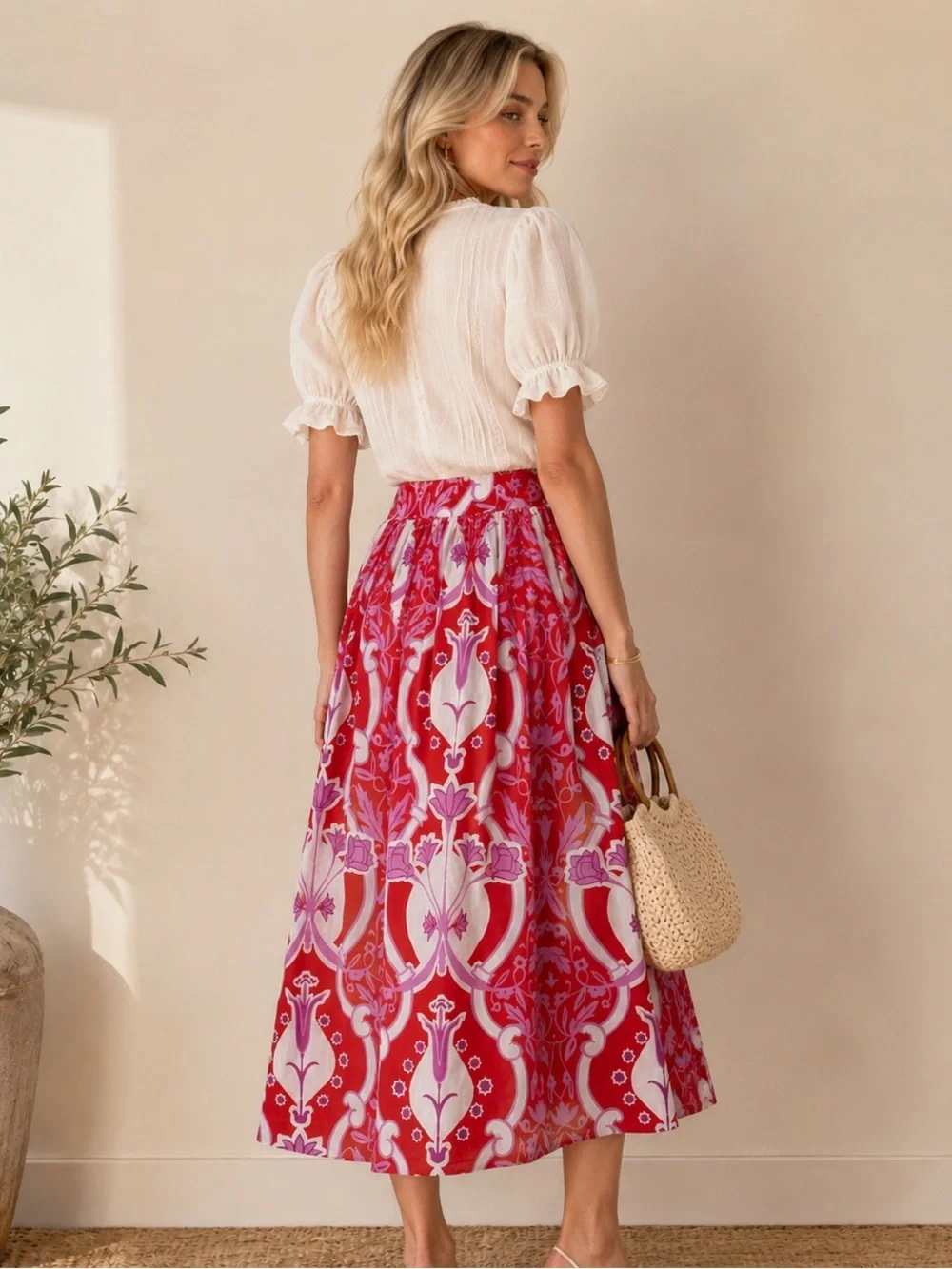 Beyond By Vera Ana  Red Floral Maxi Skirt with Flowing Silhouette